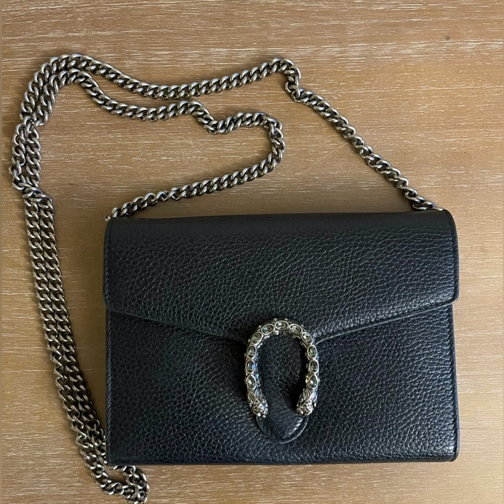 GUCCI DIONYSUS MINI LEATHER CHAIN WALLET BLACK